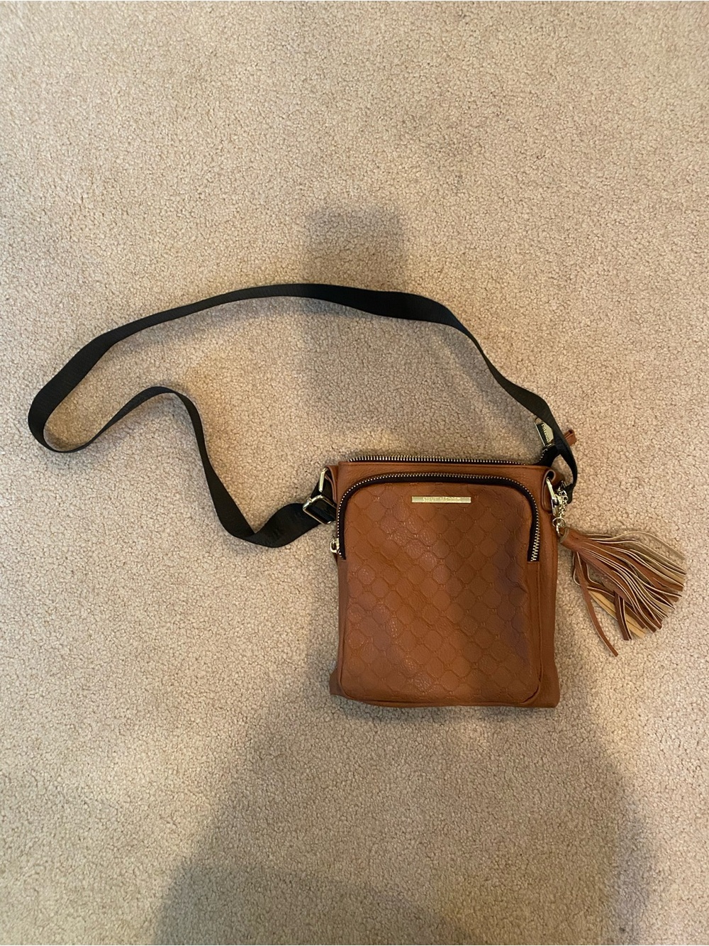 Steve Madden Brown Embossed Logo Crossbody Tassel Zip Gold HW Detach Strap